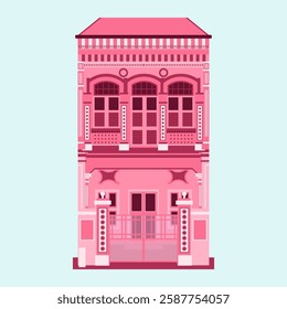 A beautifully detailed pink Peranakan house in Singapore, showcasing ornate architecture, colorful shutters, and intricate decorative elements, reflecting the rich cultural heritage of the region.