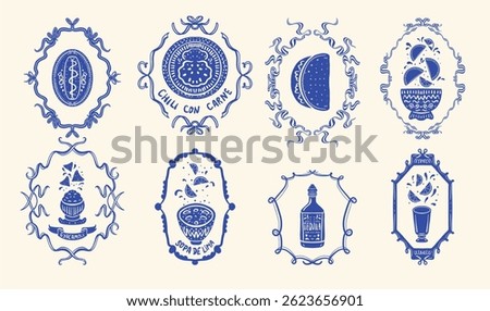 A beautifully detailed set showcasing traditional Mexican cuisine, including tacos, chili con carne, guacamole, and tequila, styled with decorative blue frames.