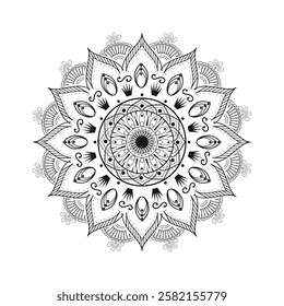 Beautifully Detailed Symmetrical Mandala with Floral and Geometric Element, line art vector design.