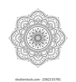 Beautifully Detailed Symmetrical Mandala with Floral and Geometric Element, line art vector design.