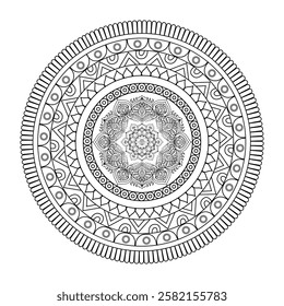 Beautifully Detailed Symmetrical Mandala with Floral and Geometric Element, line art vector design.