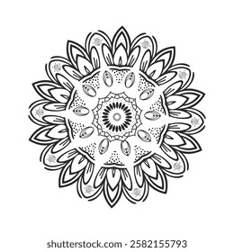 Beautifully Detailed Symmetrical Mandala with Floral and Geometric Element, line art vector design.