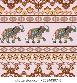 beautifully detailed Thai elephant pattern  against warm brown background, ideal for fabric, carpet, tile, embroidery, wrapping, wallpaper designs. traditional design showcases  iconic elephant, intri