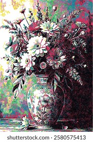 A beautifully detailed vase overflowing with vibrant flowers, set against a richly textured background. This artistic digital piece captures elegance, nature, and vintage charm in a unique way.