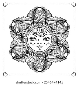 Una ilustración en blanco y negro de un Vector bellamente detallado de un sol con el pelo suelto y una cara sonriente, perfecto para diseños y páginas para colorear antiestrés.