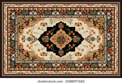 A beautifully detailed vector illustration of an ornate rug design, featuring intricate floral and geometric patterns in warm earthy tones. Perfect for textile prints, home decor, and digital designs.