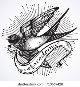 Beautifully detailed vintage illustration with flying swallow bird. Graphic template. Vector artwork isolated. Elegant tattoo art, freedom, romance. Print, poster, t-shirts and textiles.