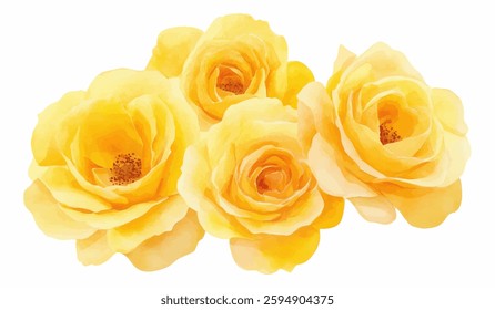 A beautifully detailed watercolor illustration featuring four blooming yellow roses in soft tones. This delicate botanical artwork highlights the elegance of roses