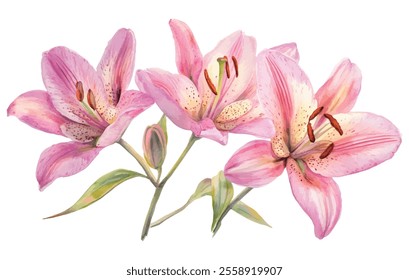 A beautifully detailed watercolor painting of pink lily flowers with vibrant petals, green leaves, and unopened buds. Ideal for floral art projects.
