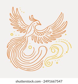 A beautifully drawn illustration of a phoenix in flight, depicted with elegant lines and vibrant orange and yellow hues. The flowing feathers and dynamic pose capture the mythical and rebirth