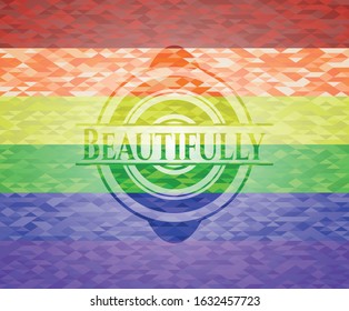 Beautifully emblem on mosaic background with the colors of the LGBT flag