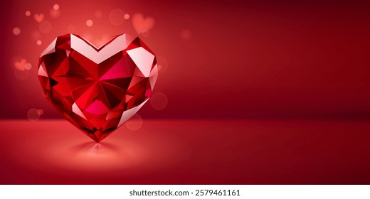 A beautifully faceted red heart-shaped gemstone on a deep red backdrop. The gem's intricate cuts reflect light, creating a mesmerizing sparkle. Soft bokeh hearts add a romantic touch to the scene.