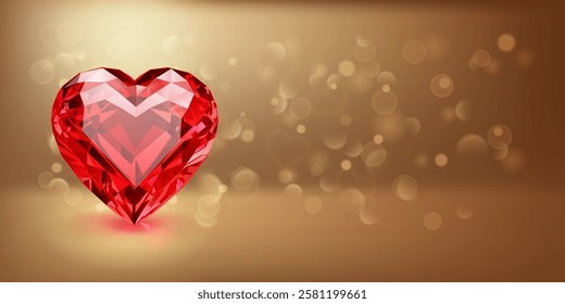 A beautifully faceted red heart-shaped gemstone that glimmers with light. The background is softly lit with warm tones and scattered bokeh effects, creating a romantic and enchanting atmosphere.