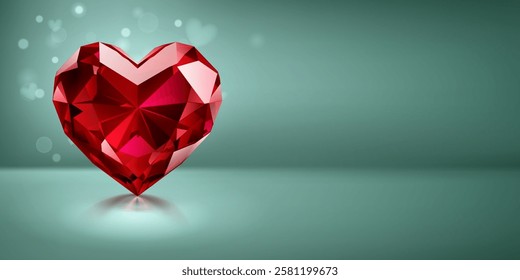 A beautifully faceted red heart-shaped gemstone on a light blue backdrop. The gem's intricate cuts reflect light, creating a mesmerizing sparkle. Soft bokeh hearts add a romantic touch to the scene.