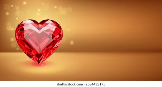 A beautifully faceted red heart-shaped gemstone that glimmers with light. The background is softly lit with warm tones. Soft bokeh hearts add a romantic touch to the scene.