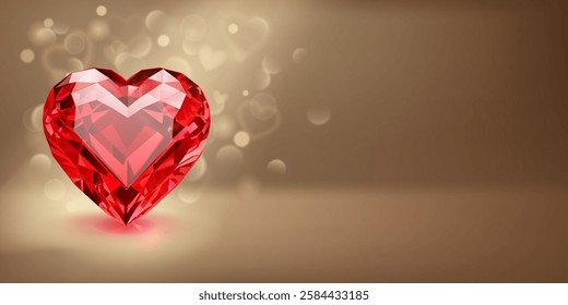 A beautifully faceted red heart-shaped gemstone that glimmers with light. The background is softly lit with warm tones. Soft bokeh hearts add a romantic and elegant atmosphere.