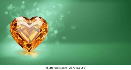 A beautifully faceted yellow heart-shaped gemstone on a green backdrop. The gem's intricate cuts reflect light, creating a mesmerizing sparkle. Soft bokeh hearts add a romantic touch to the scene.