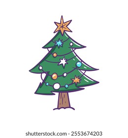 A beautifully festively adorned Christmas tree, decorated with colorful ornaments and a shining star on top