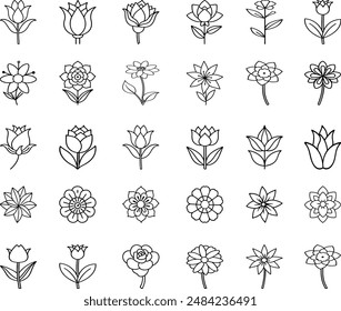 Beautifully Flower icon. Black color flower shape icon, Icon set of flower. Flowers line icons set. Blooming plants - rose, tulip, daisy bouquet, Flower icons, flowers icon