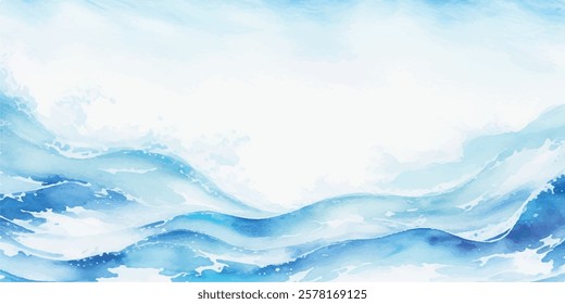 "Beautifully Fluid Abstract Ocean Wave Design in Soft Blue and White, Highlighting a Tsunami Wave in Cartoon Style, Creating a Smooth Watercolor Splash That Evokes the Calm and Majesty of Tropical Wat