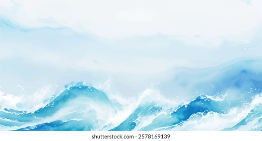 "Beautifully Fluid Abstract Ocean Wave Design in Soft Blue and White, Highlighting a Tsunami Wave in Cartoon Style, Creating a Smooth Watercolor Splash That Evokes the Calm and Majesty of Tropical Wat