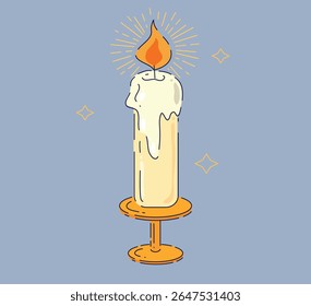 Uma vela belamente brilhante com cera gotejando e uma chama radiante e cintilante que cativa