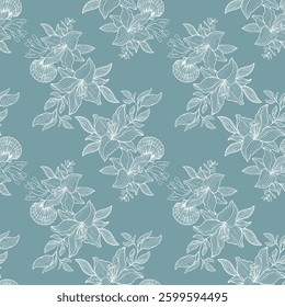 Motif floral harmonieux joliment dessiné à la main, représentant une ligne blanche complexe représentant des fleurs et des feuilles en fleur sur fond bleu sourd