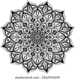 Beautifully hand-drawn mandala featuring intricate floral and leaf-inspired patterns in black and white. This detailed design offers a perfect balance of elegance and complexity