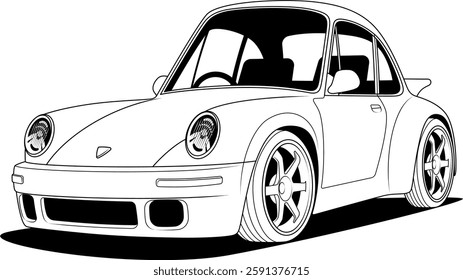 A beautifully illustrated black and white line drawing of a classic sports car, showcasing its iconic round headlights, sleek body lines, and distinctive rear spoiler