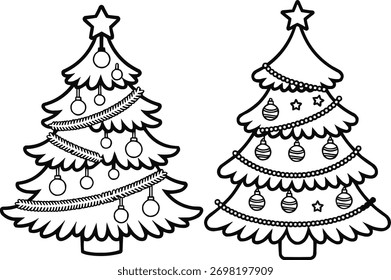 Un Vector de árbol de Navidad bellamente ilustrado, decorado con adornos coloridos y una estrella brillante en la parte superior, perfecto para tarjetas de vacaciones, Anuncios y proyectos festivos.