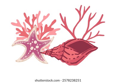 A beautifully illustrated depiction of colorful ocean shells and diverse marine life Vector illustration on white background