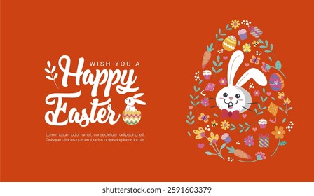 A beautifully illustrated Easter greeting banner with a floral egg shape, a smiling bunny, and festive springtime decorations. Modern style Easter Illustration perfect for seasonal celebrations