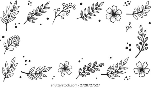 A beautifully illustrated frame composed of various hand-drawn floral elements, including delicate leaves, branches, and blossoms, creating a charming and natural border.