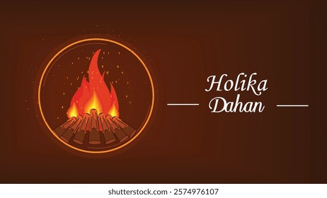  A beautifully illustrated image of Holika Dahan, a traditional ritual celebrated during the Hindu festival of Holi. The image depicts a fire surrounded by logs within a glowing circular frame, symbol