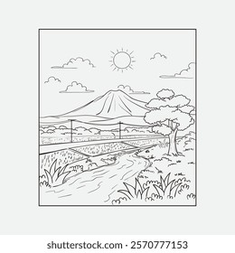 A beautifully illustrated landscape depicting a serene mountain view, gently winding river, and a tranquil sunlit sky perfect for design projects, relaxation themes, or nature-focused concepts.