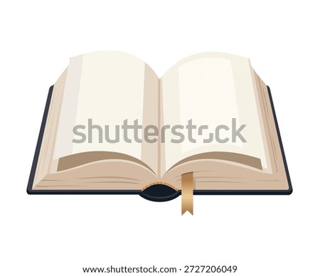 A beautifully illustrated, open book with empty pages, marked by a golden ribbon.