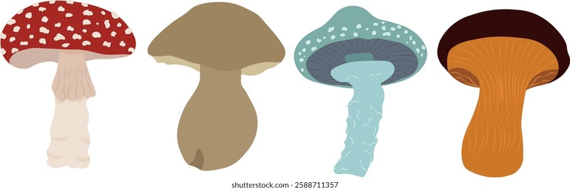 A beautifully illustrated set of four distinct mushrooms in a digital vector format. Perfect for t-shirt designs, stickers, scrapbooking, branding, nature-themed projects, and more.