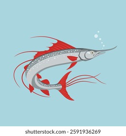 A beautifully illustrated swordfish with red flowing fins and white spotted details, swimming in a blue background with bubbles. A perfect vector for marine and fantasy-themed designs.