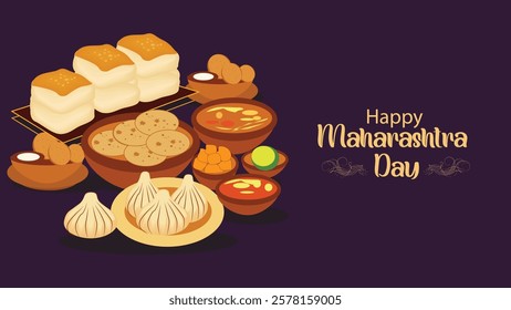 A beautifully illustrated vector artwork celebrating Maharashtra Day, featuring a rich display of traditional Maharashtrian cuisine. The artwork includes delicacies like Pav Bhaji, Puran Poli, Modak,