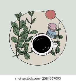 A beautifully illustrated vector image featuring a cozy coffee scene. The composition includes a steaming cup of black coffee, surrounded by fresh green leaves and colourful macarons in pastel shades.