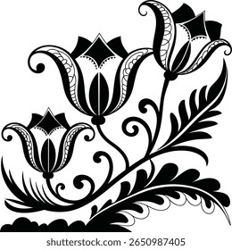 Uma ilustração lindamente intrincada com três flores estilizadas com pétalas detalhadas e folhas elegantes. Este impressionante design preto captura a essência da sofisticação e da natureza, tornando-a.