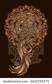 A beautifully intricate vector illustration of a stylized bird with an elongated tail, set against a detailed circular mandala and an ornate border.