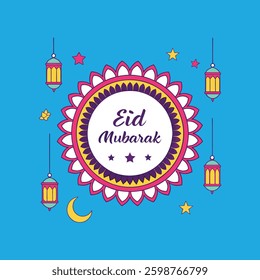 A beautifully layered paper-cut effect design featuring lanterns, stars, and moons surrounding the text "EID MUBARAK," perfect for festive greetings and decorative prints