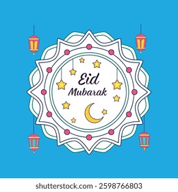 A beautifully layered paper-cut effect design featuring lanterns, stars, and moons surrounding the text "EID MUBARAK," perfect for festive greetings and decorative prints