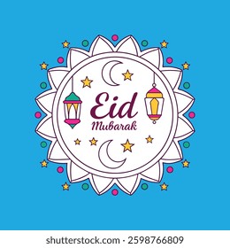 A beautifully layered paper-cut effect design featuring lanterns, stars, and moons surrounding the text "EID MUBARAK," perfect for festive greetings and decorative prints