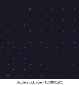 A beautifully made seamless simple geometric spacelike pattern with correctly positioned geometric shapes. Low density. On a black background.