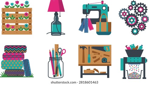 A beautifully organized and inspiring vector graphic collection featuring eight distinct icons representing creative upcycling projects, DIY crafts, and sustainable repurposing methods arranged in a two-row grid format. 