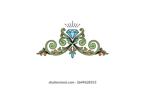 Beautifully ornate decorative elements featuring a sparkling blue gemstone for elegant design projects
