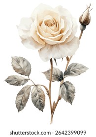 Uma rosa bege lindamente pintada em estilo aquarela, com pétalas macias, folhas realistas e um rosebud delicado não aberto.