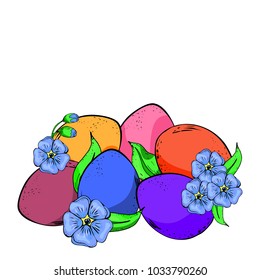 Beautifully painted eggs and delicate forget-me-nots isolated on white. Yellow, orange and pink flowers with green leaves. Painted bowl decorated with colored inks. Vector illustration of Easter icon.